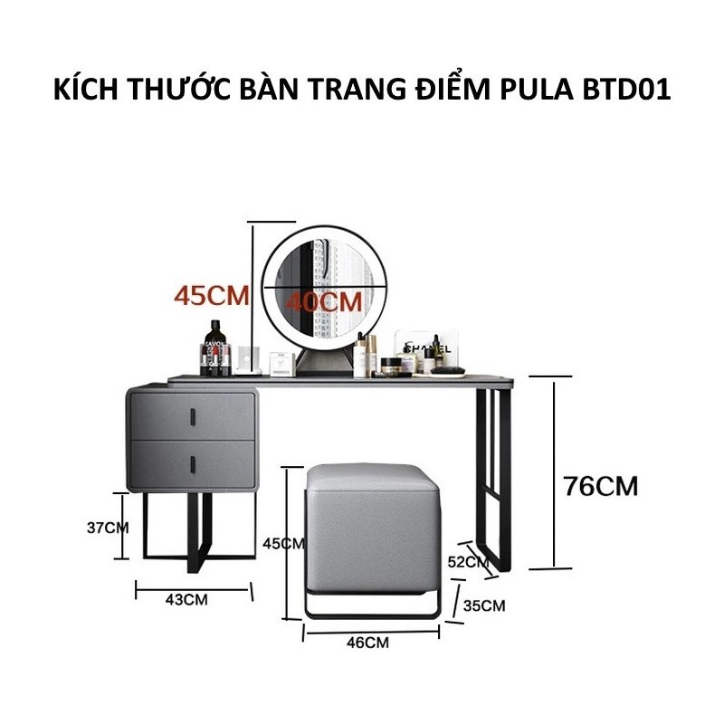 Bàn trang điểm viền da chân sắt Pula BTD01